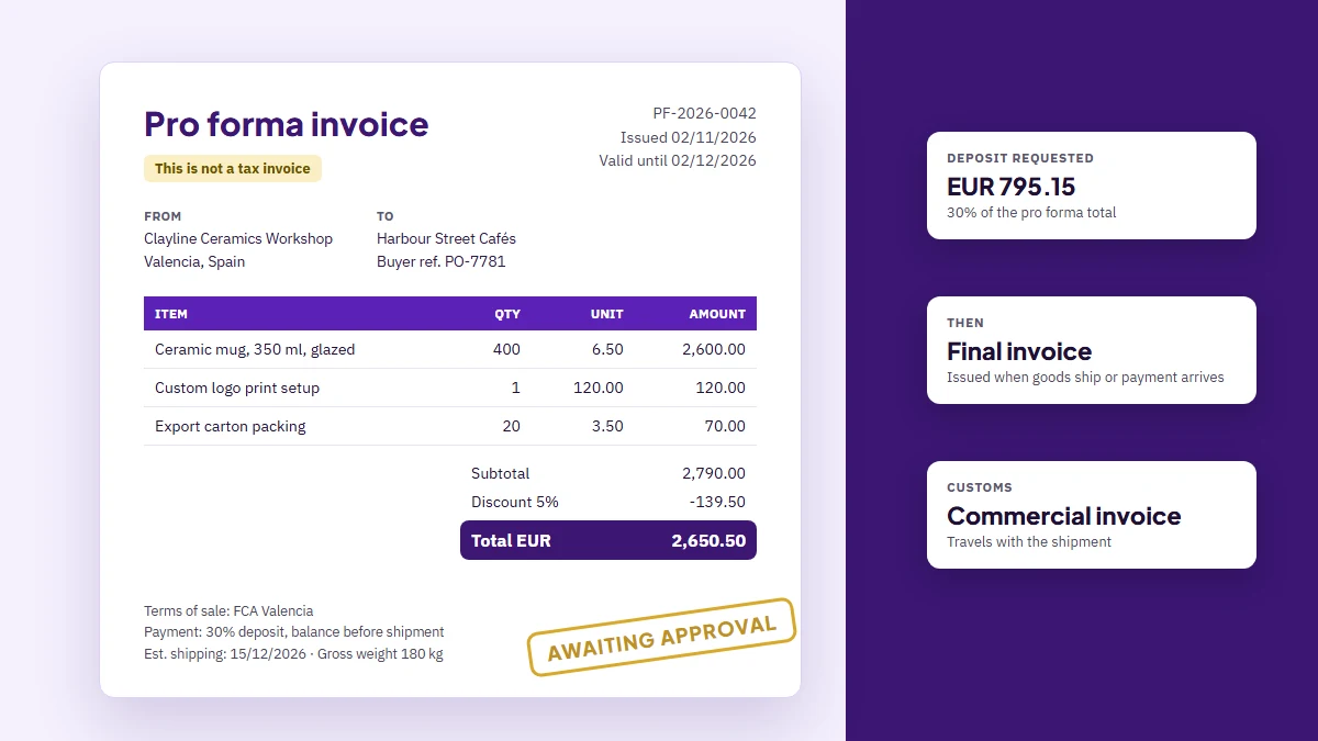 Sample pro forma invoice for 400 ceramic mugs totalling EUR 2,650.50, marked not a tax invoice, with a 30% deposit request