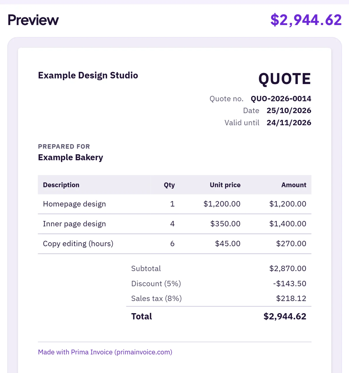 Screenshot of the live preview in the Prima Invoice quote maker with the web design quote entered: homepage design, four inner pages, six hours of copy editing, a 5% discount, sales tax at 8%, a total of 2,944.62 US dollars and a valid-until date 30 days after the quote date